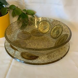 Very unique Lucite w/ gold flecks bowl & platter with embedded gold medallions